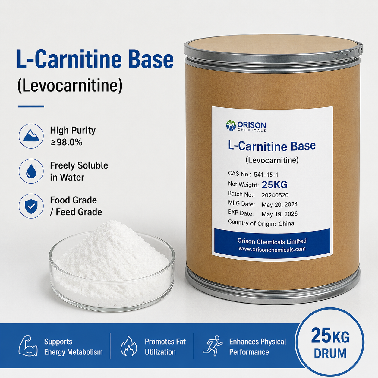 L-Carnitine Base (Levocarnitine) — high-purity ingredient for supplements and animal feed